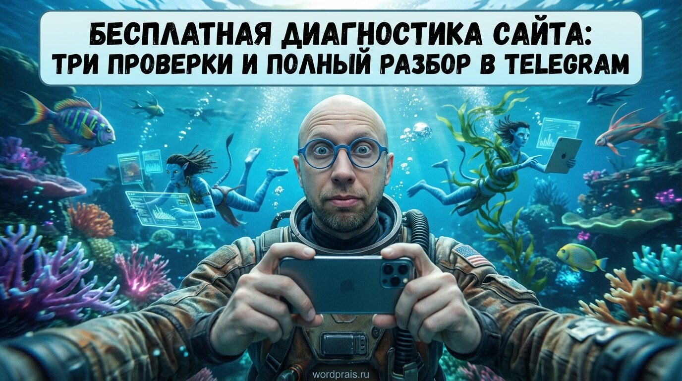 Обложка: бесплатная диагностика сайта, три онлайн-проверки и полный разбор в Telegram (WordPrais)