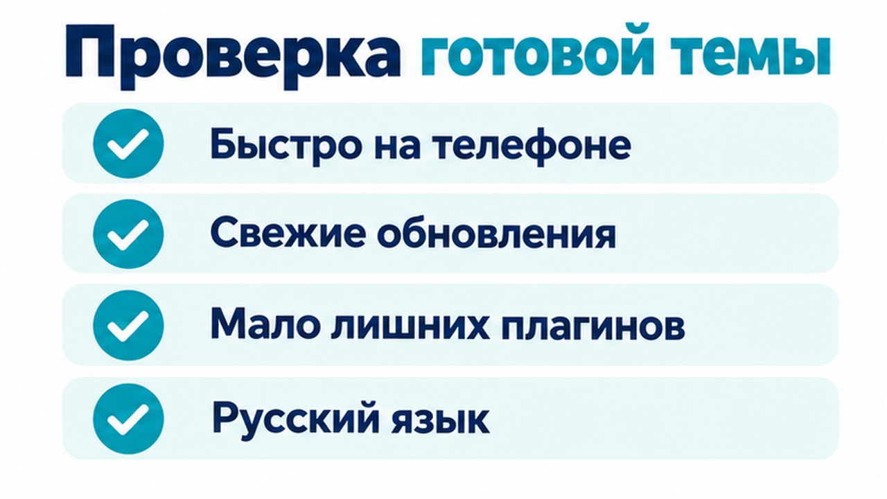 Чеклист проверки готовой темы WordPress: скорость на телефоне, обновления, плагины, русский язык