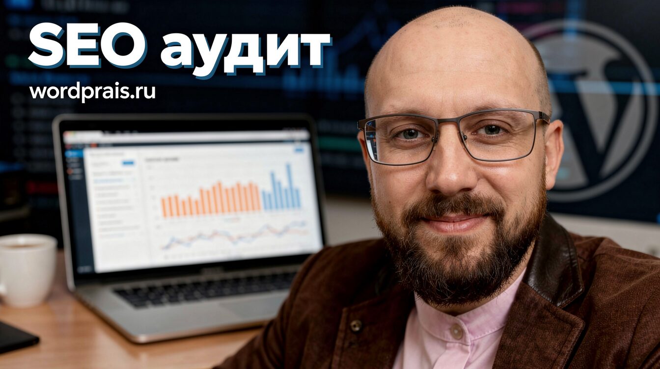 Фотореалистичная обложка статьи про SEO аудит сайта на WordPress, эксперт в очках на фоне аналитики