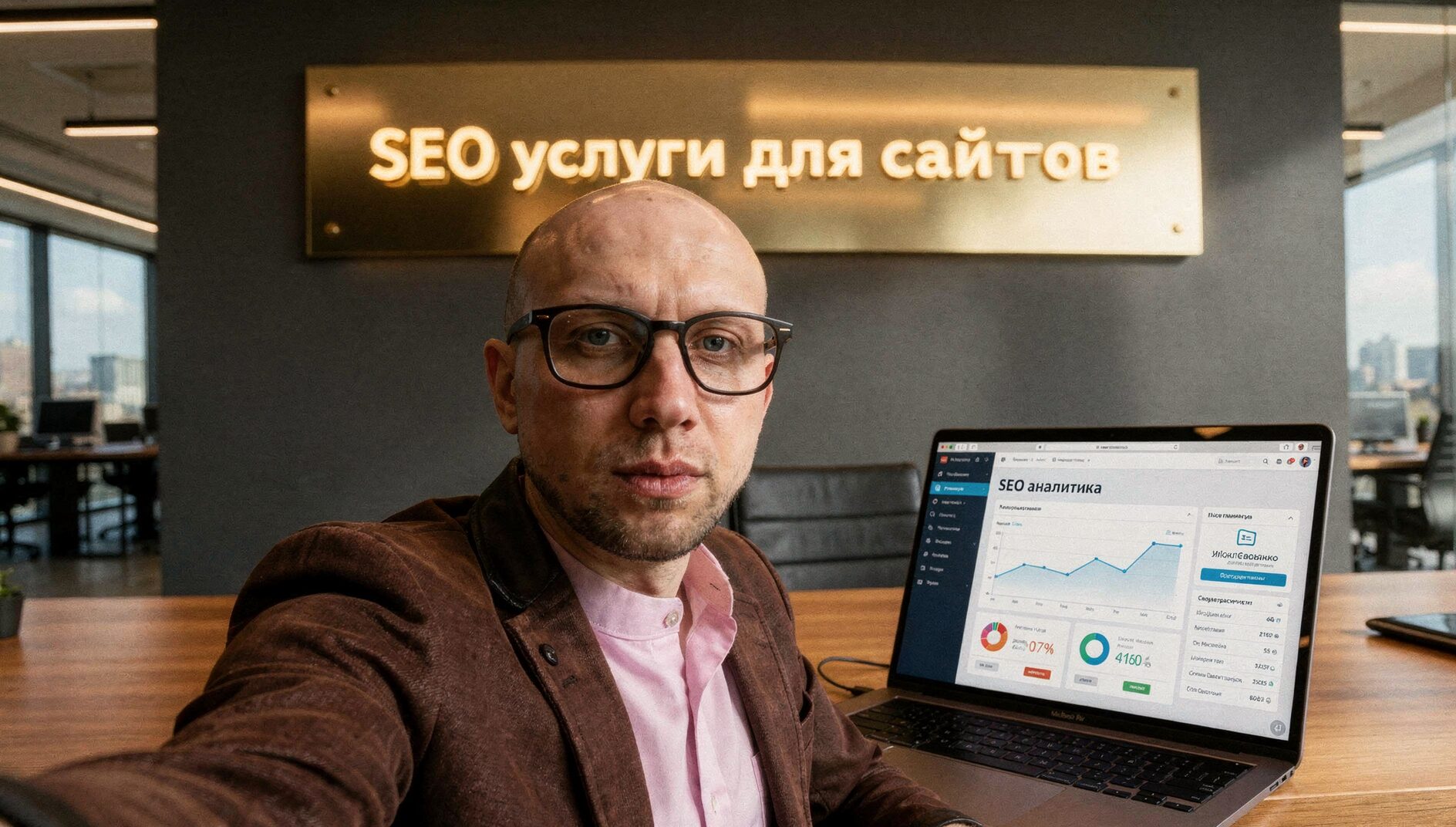 Эксперт в очках на фоне SEO-аналитики и WordPress — обложка статьи про услуги продвижения сайта