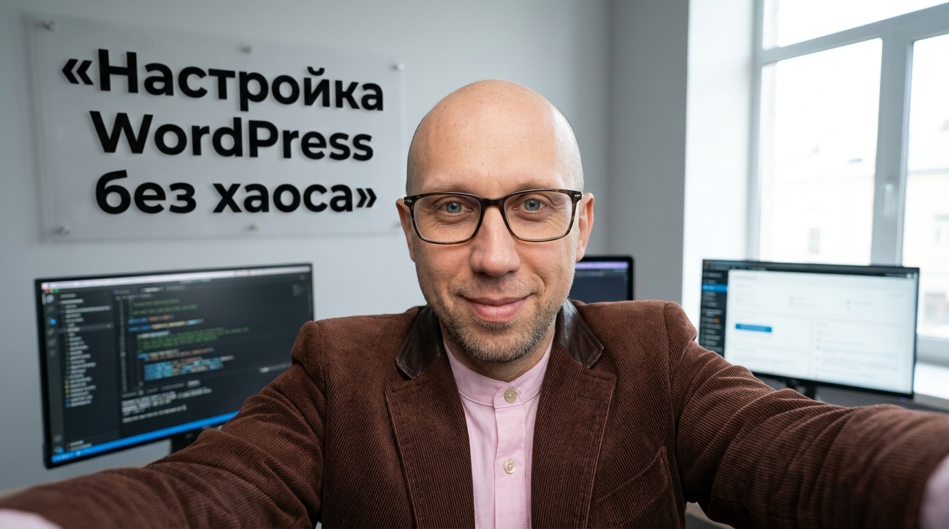 Обложка статьи: настройка WordPress без хаоса, эксперт в очках на фоне студии веб-разработки