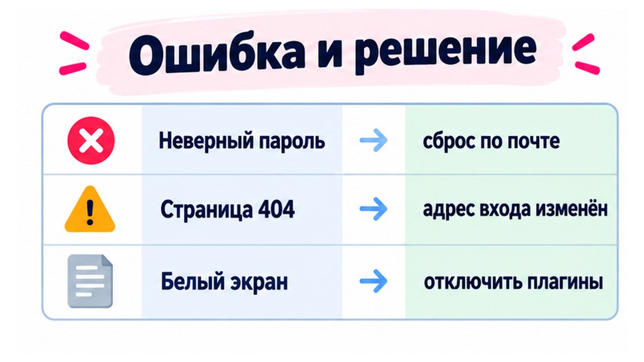Частые ошибки входа в админку WordPress и что делать